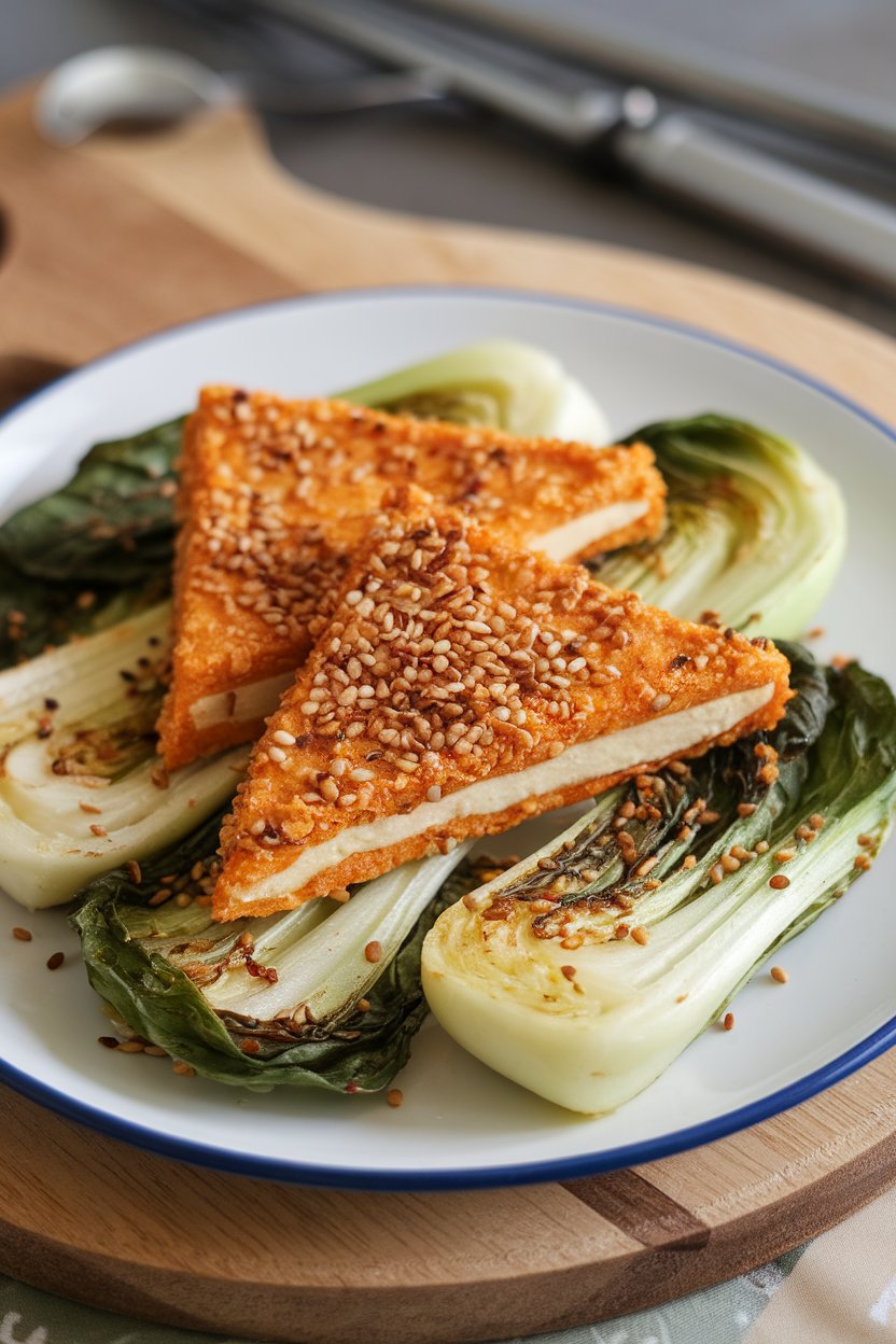 Indoor plate showcasing golden sesame-encrusted tofu triangles beside lightly sautéed bok choy, sesame seeds sprinkled on top. No text or logos present.