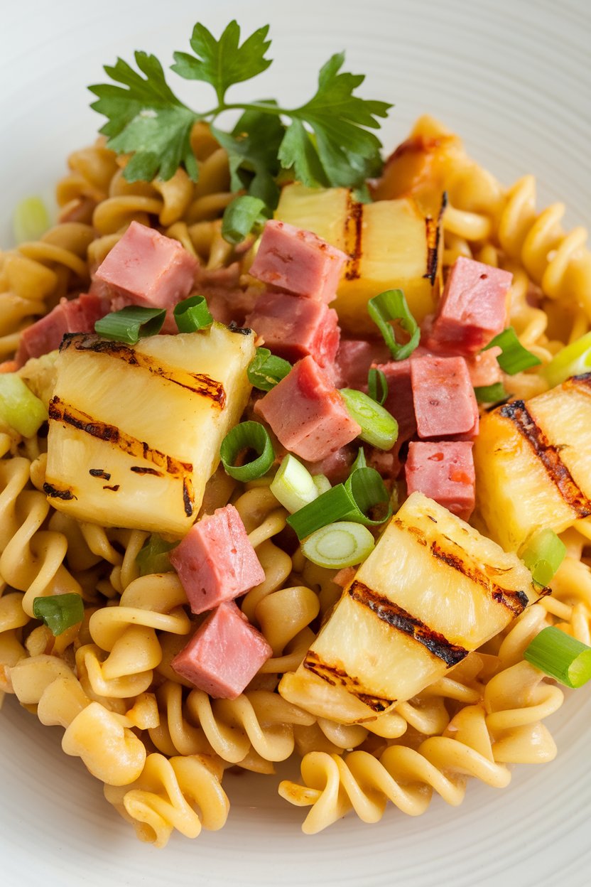 An indoor dish of spiral pasta, grilled pineapple chunks, diced lean ham, and green onions; no text or logos.
