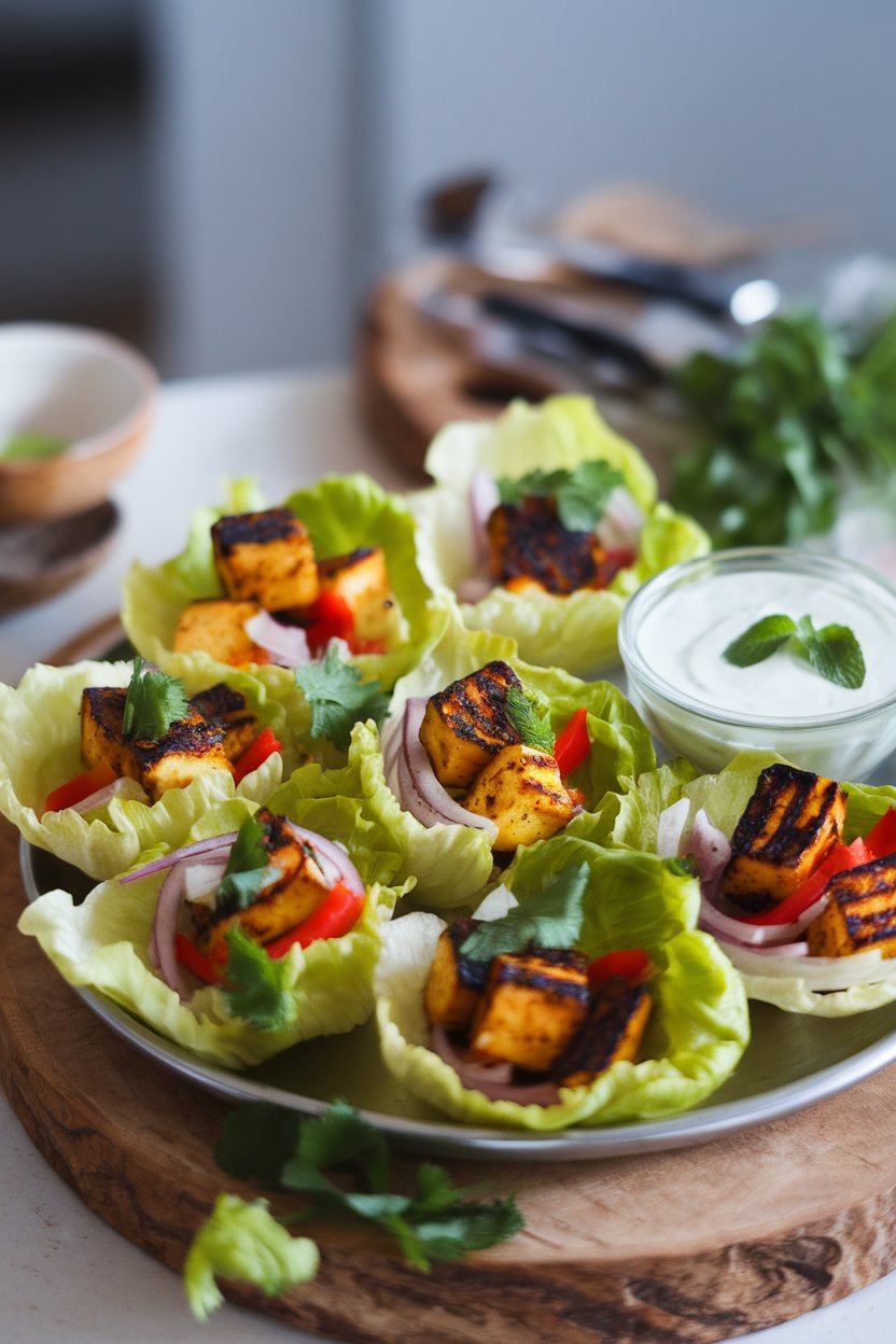 Indoor platter of crisp butter lettuce cups filled with charred paneer cubes, peppers, and onions, mint yogurt sauce on the side. Photo only, no text or logos.
