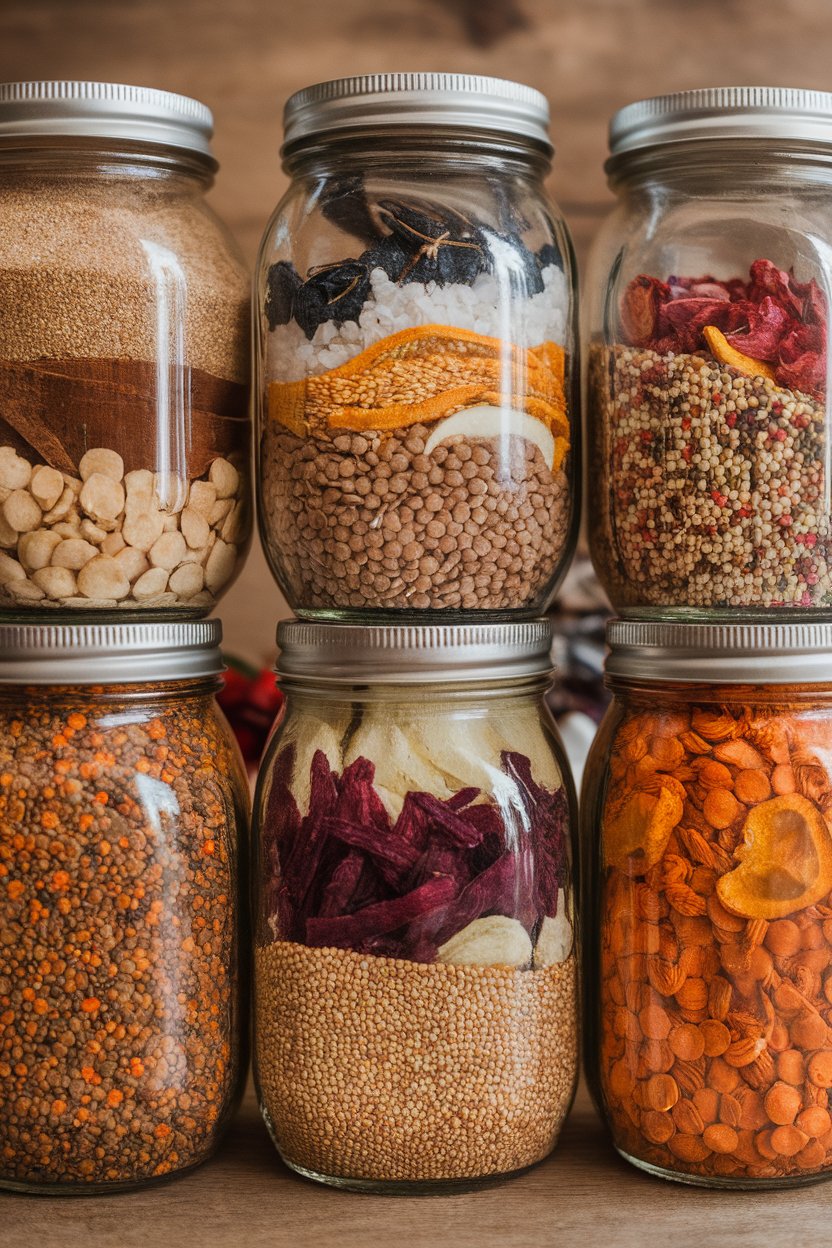 Indoor photo of mason jars layered with dried lentils, quinoa, dehydrated veggies, and spices, lids on; no text or logos.