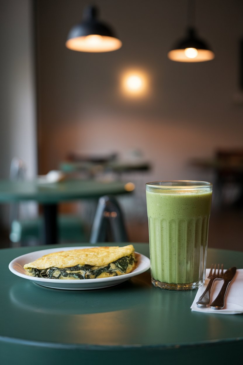 Photo of an indoor café table showing a vibrant green smoothie in a clear glass beside a small plate of spinach-mushroom omelet; ambient pendant lighting; no text or logos.