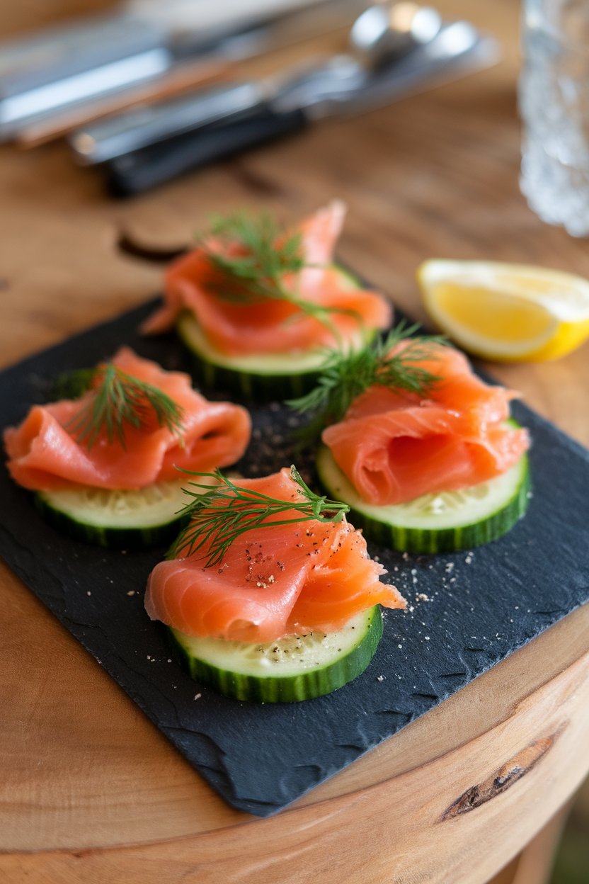 A slate serving board with cucumber slices topped with smoked salmon ribbons and dill. No text or logos.