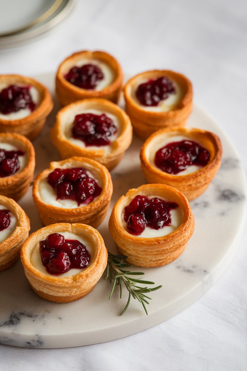 An indoor table showcasing golden puff pastry cups filled with melted Brie and ruby cranberry sauce, arranged on a marble platter. No text or logos present. Photo only.