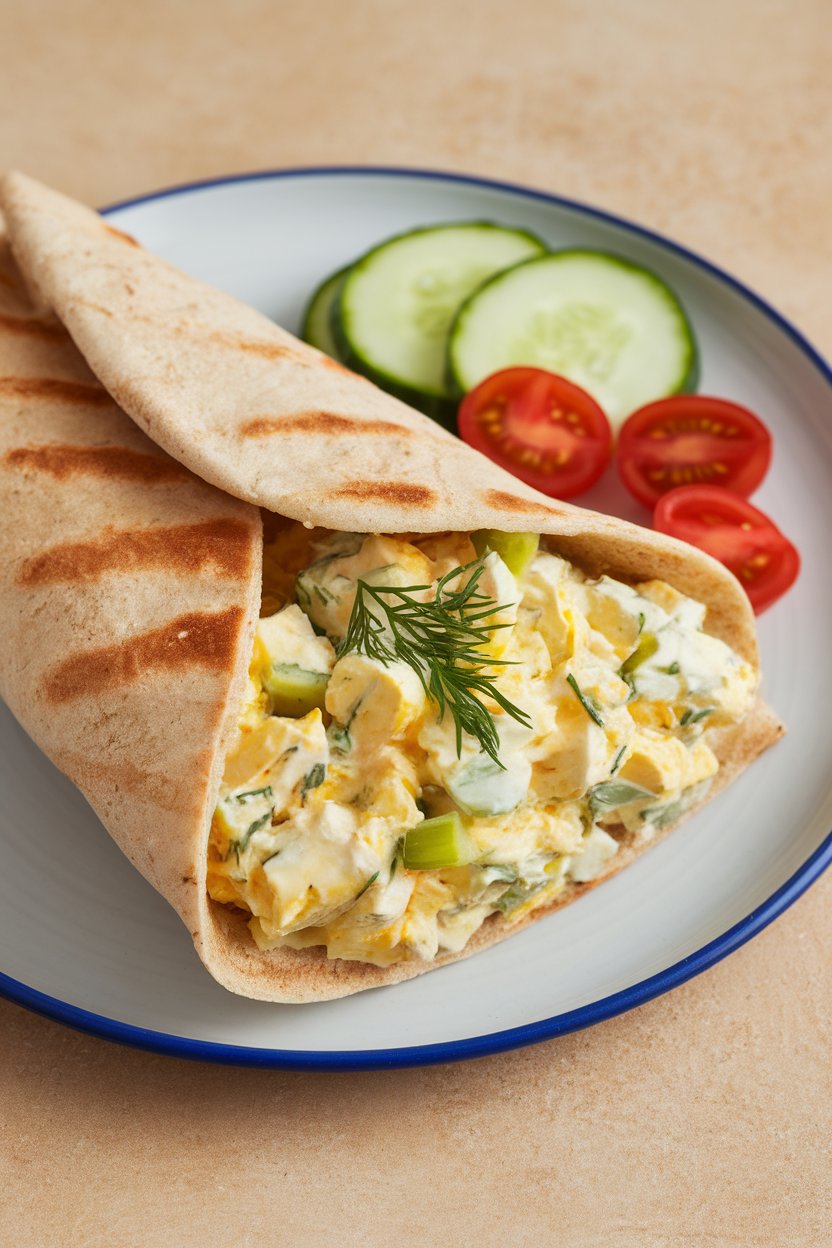 Indoor plate featuring a wrap full of chunky egg salad with celery, dill, and Greek yogurt, wrapped in whole-wheat pita bread. No text or logos.