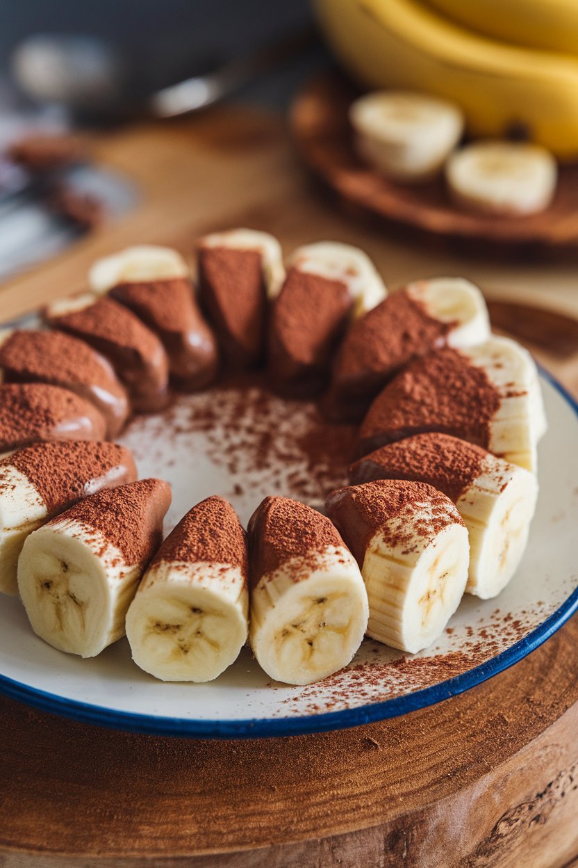 An indoor plate with banana coins half-dipped in cocoa peanut butter coating, photo only, no logos.