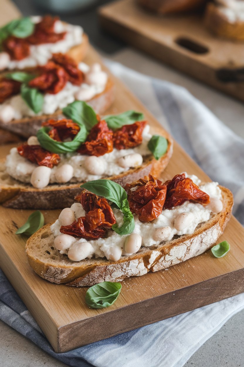 Photo prompt: Indoor wooden board with toasted baguette slices topped with white bean mash and sun-dried tomato pieces, basil ribbons scattered. No text or logos present.