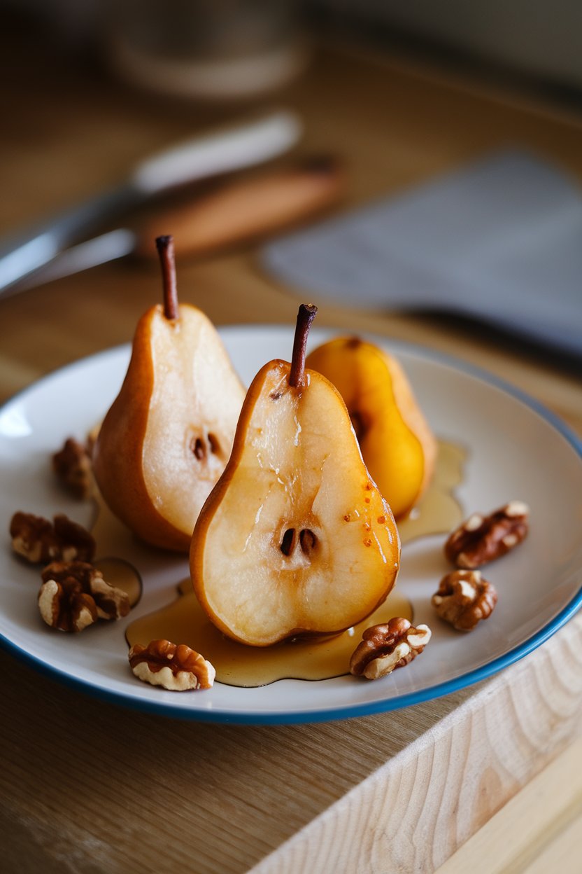 Photo of an indoor dessert plate showing caramelized pear halves drizzled with honey and sprinkled with walnuts. No logos or text.