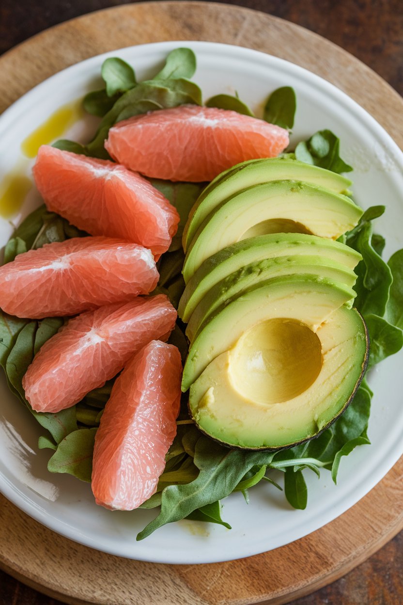 Indoor photo of sliced avocado and pink grapefruit segments arranged on baby greens, light drizzle of olive oil visible. No text or logos; photo.