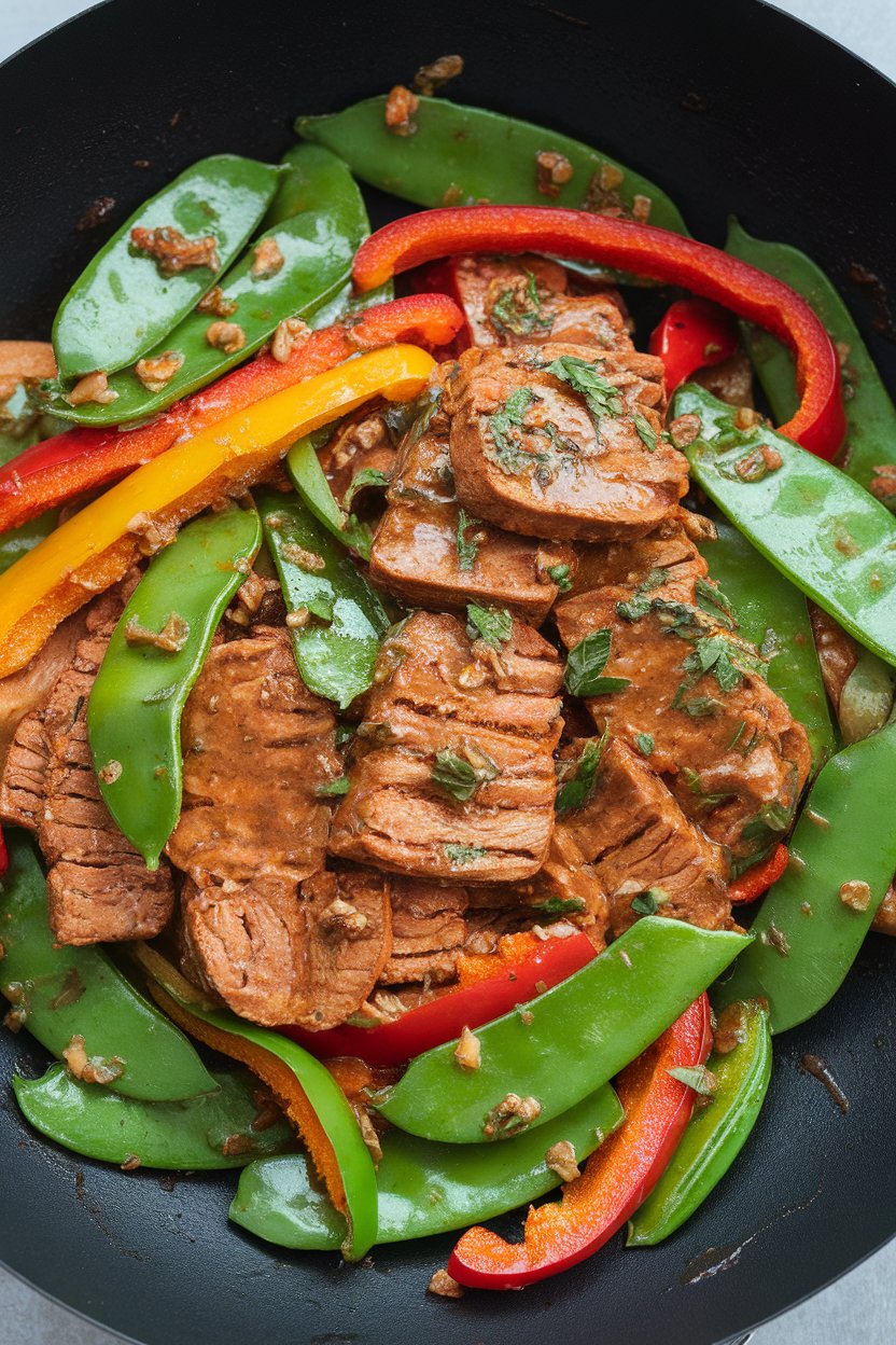 An indoor wok scene of sliced seitan, bell peppers, and snow peas coated in garlic herb sauce; no logos.