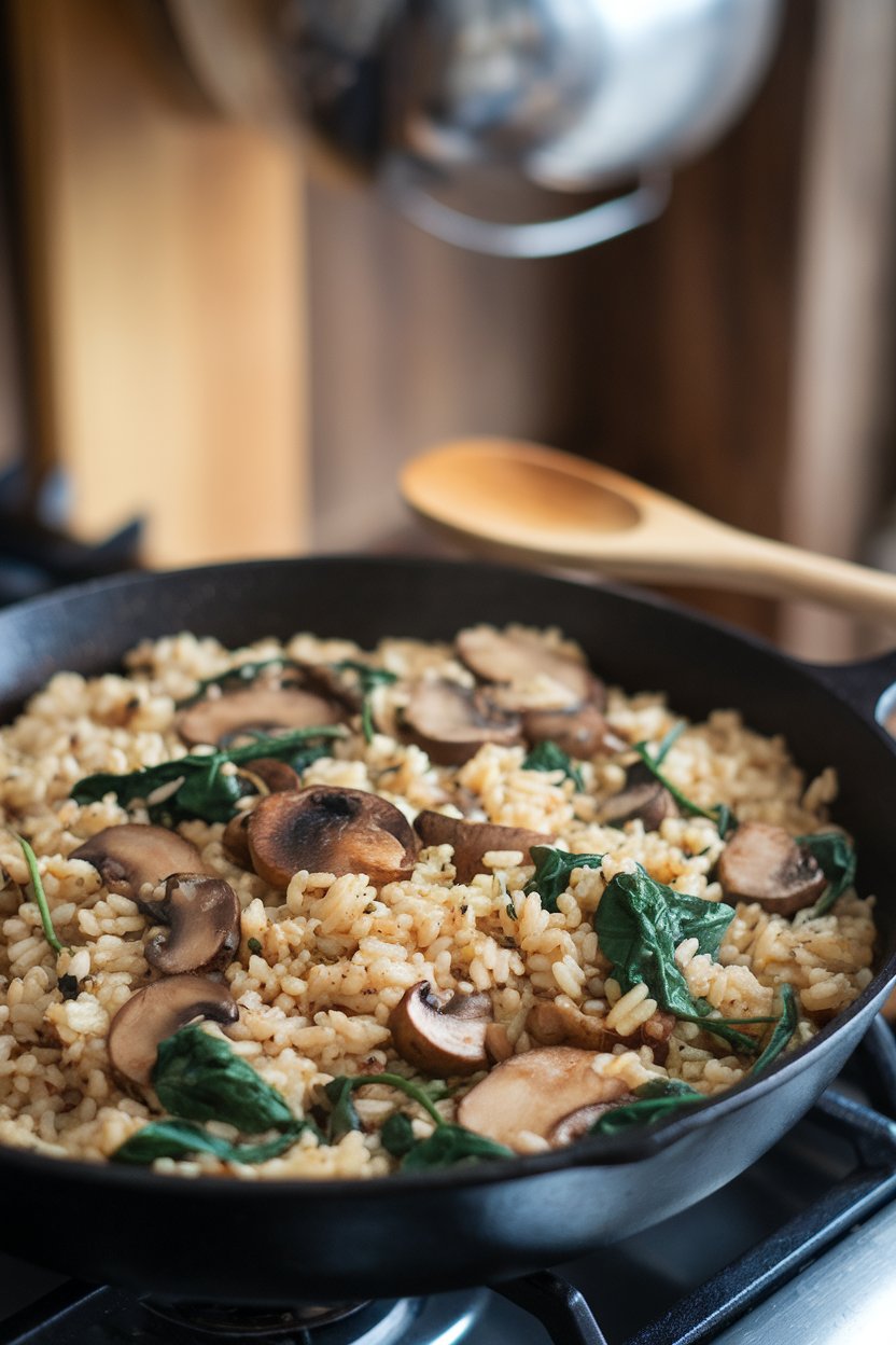 Indoor photo of a skillet containing brown rice pilaf with sautéed mushrooms, spinach, and herbs, spoon resting nearby. No logos or text.
