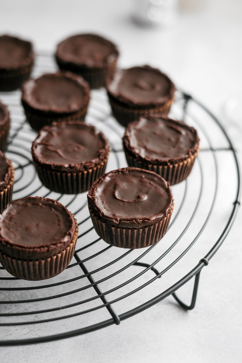 Indoor wire rack displaying mini muffin-size black bean brownie bites, glossy tops, no icing. No text or logos.