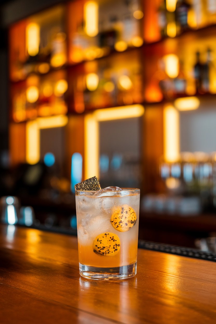 Photo of bright-gold shots with black pepper speck garnish, indoor bar; no logos.