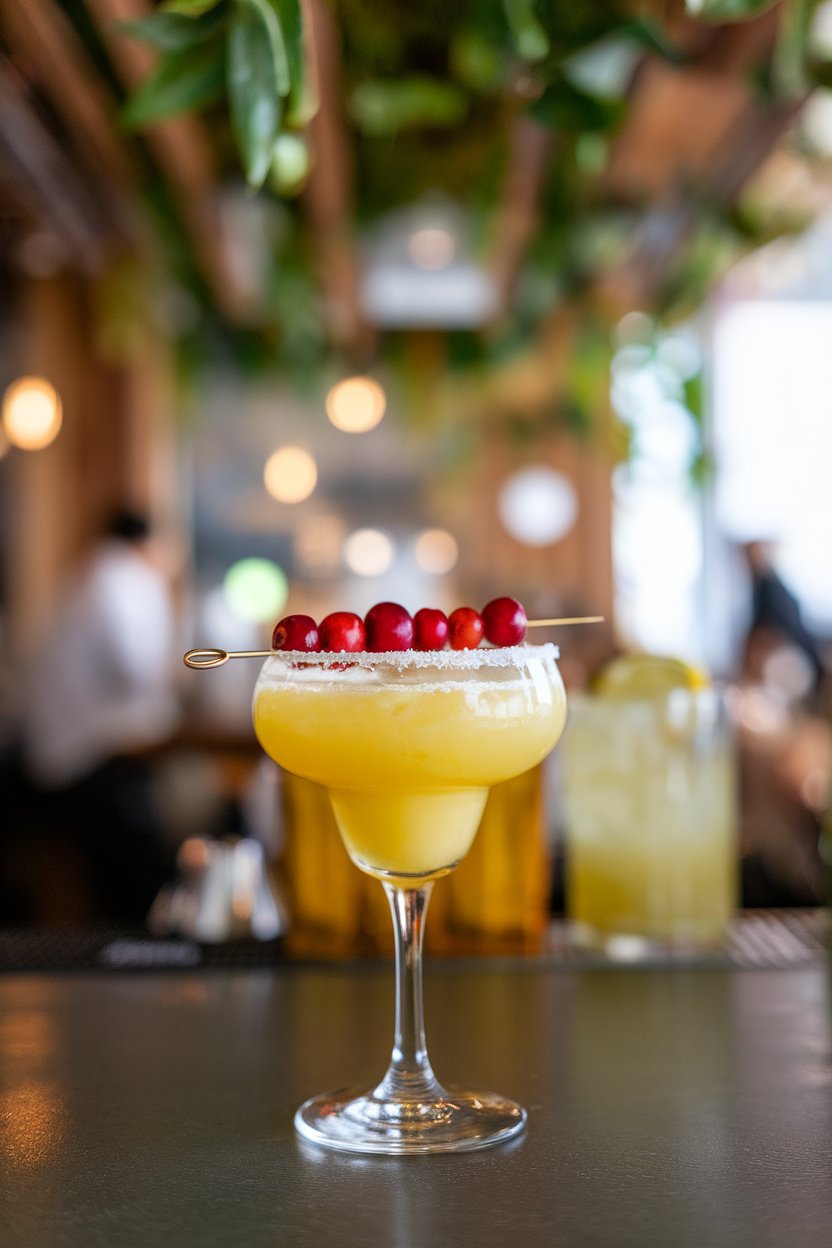 Indoor bar, tulip glass of bright yellow passion-fruit margarita, red cranberry skewer garnish; no logos.