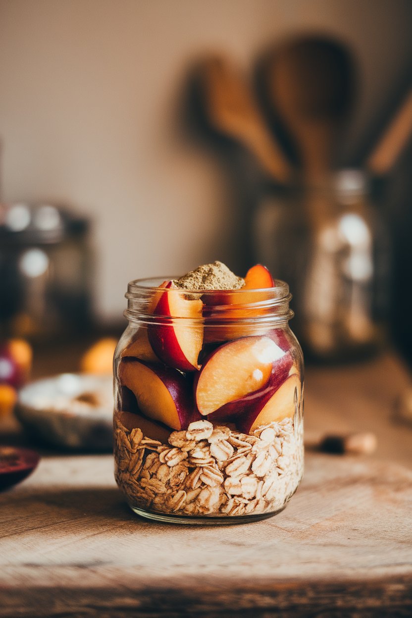 Indoor rustic counter photo of a jar layered with sliced plums, oats, and a pinch of ground cardamom on top. No text or logos. Photo only.