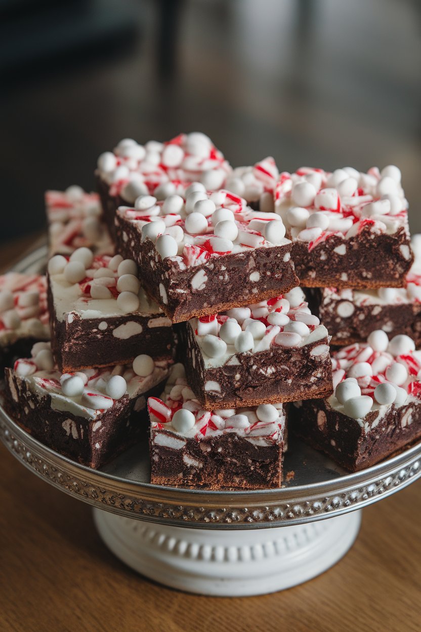 A platter indoors stacked with fudgy brownies topped with white chocolate and crushed candy canes, no logos or text. Photo.