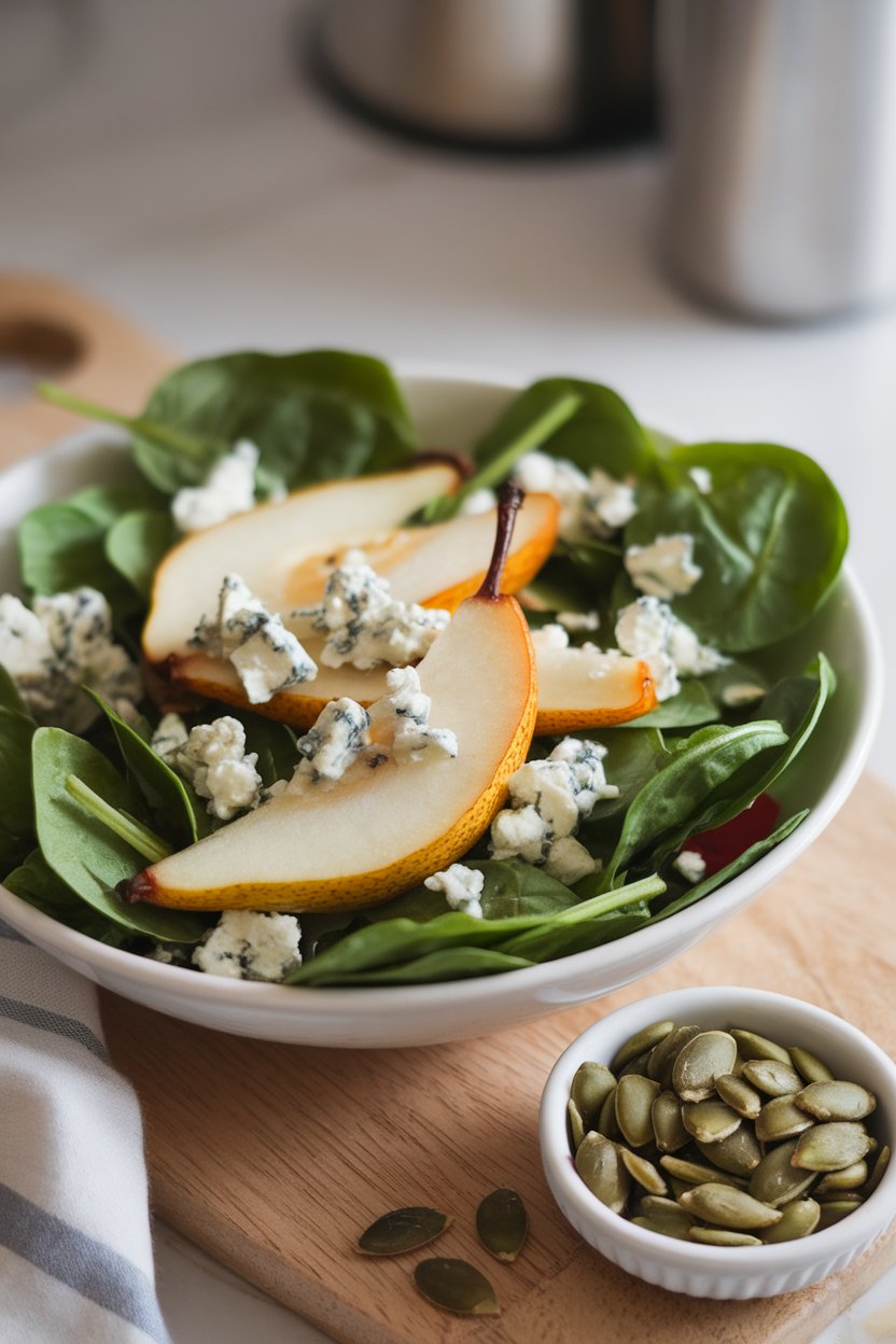 A salad bowl indoors containing baby spinach leaves, roasted pear wedges, and crumbled blue cheese, lightly dressed. No logos or text.