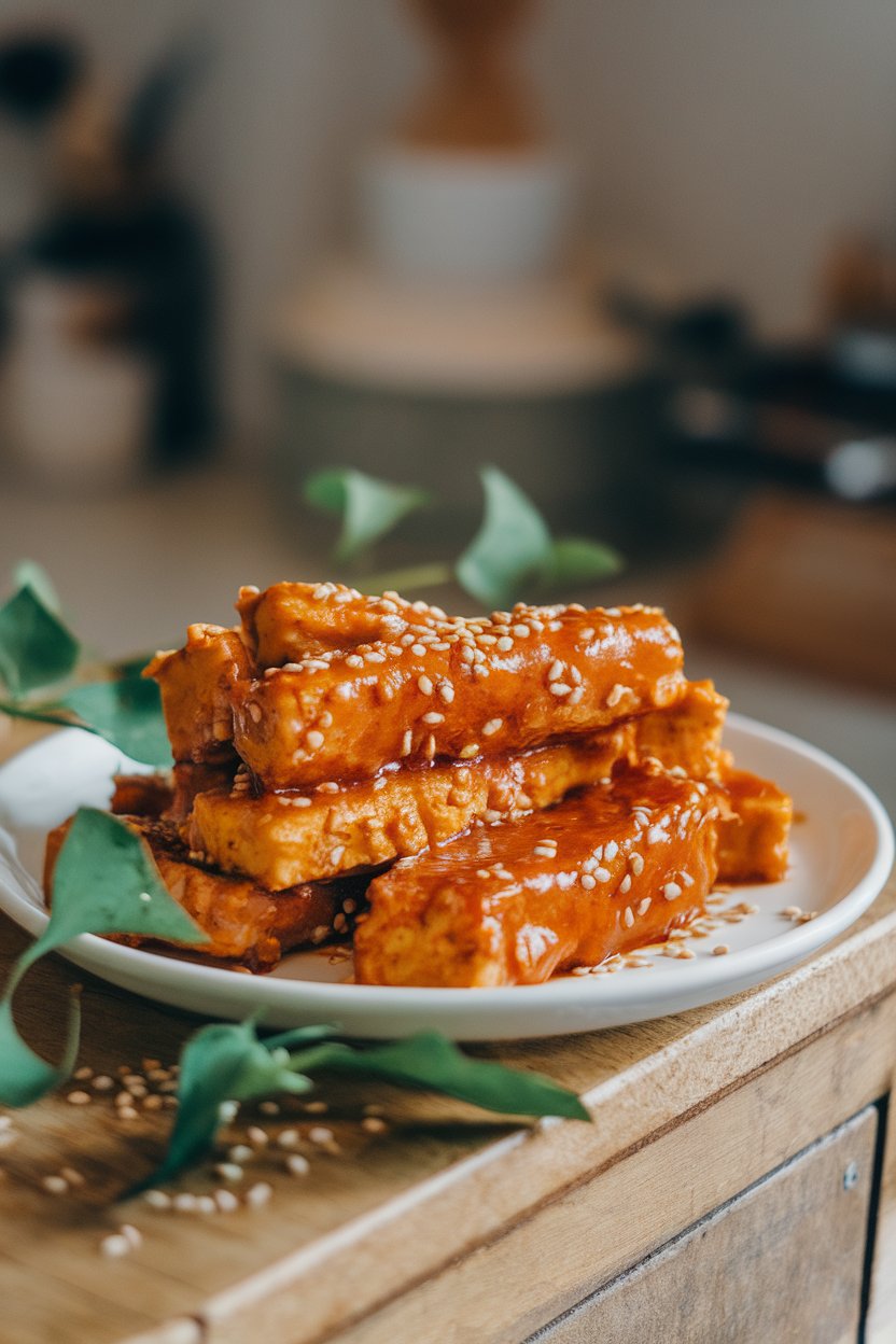 A white plate indoors featuring seared tempeh strips coated in a glossy orange-ginger sauce, sprinkled with sesame seeds; no text or logos.