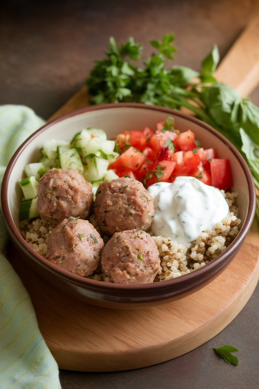 A photo of a ceramic bowl containing turkey meatballs, quinoa, diced cucumber-tomato salad, and a dollop of yogurt sauce. Indoor lighting, no text or logos.