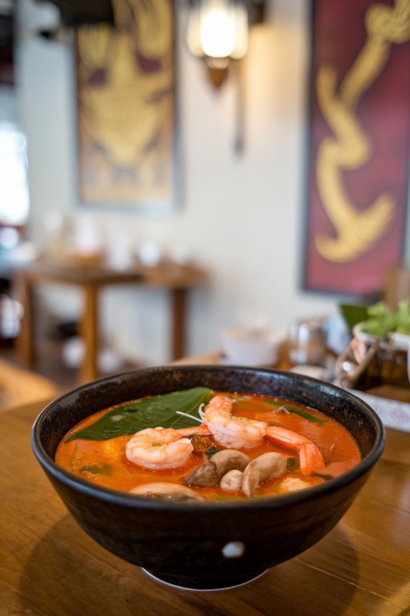 Indoor Thai restaurant table with bowl of tom yum goong, shrimp, mushrooms, and kaffir lime leaves floating in red broth. No text or logos. Photo.