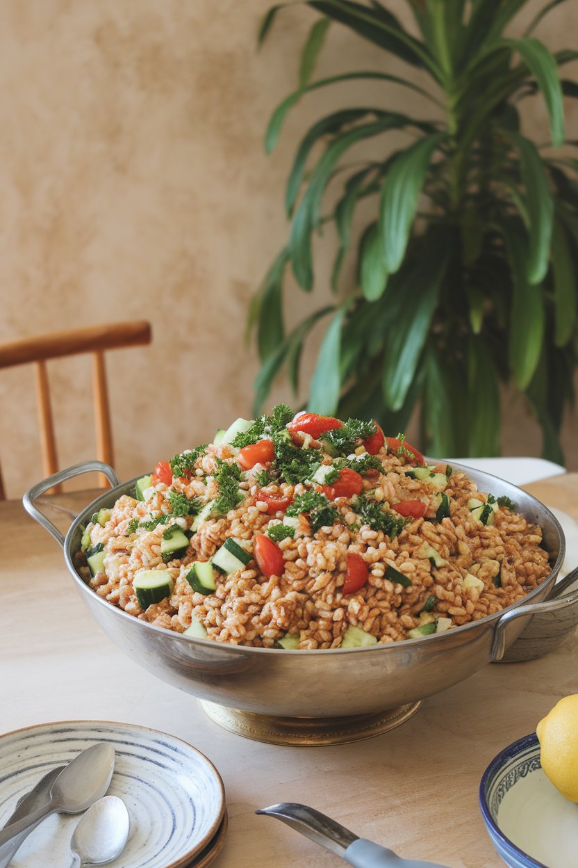 An indoor dining room table displaying a large serving bowl of farro tossed with chopped cucumber, parsley, cherry tomatoes, and a lemon tahini dressing. No logos or text.