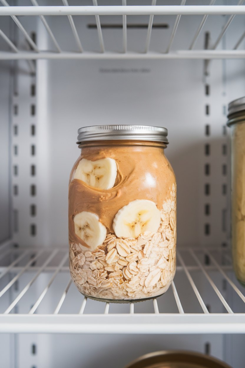An indoor refrigerator shelf view of a jar packed with creamy oats swirled with peanut butter and banana slices, lid off. No text or logos; photo, not illustration.