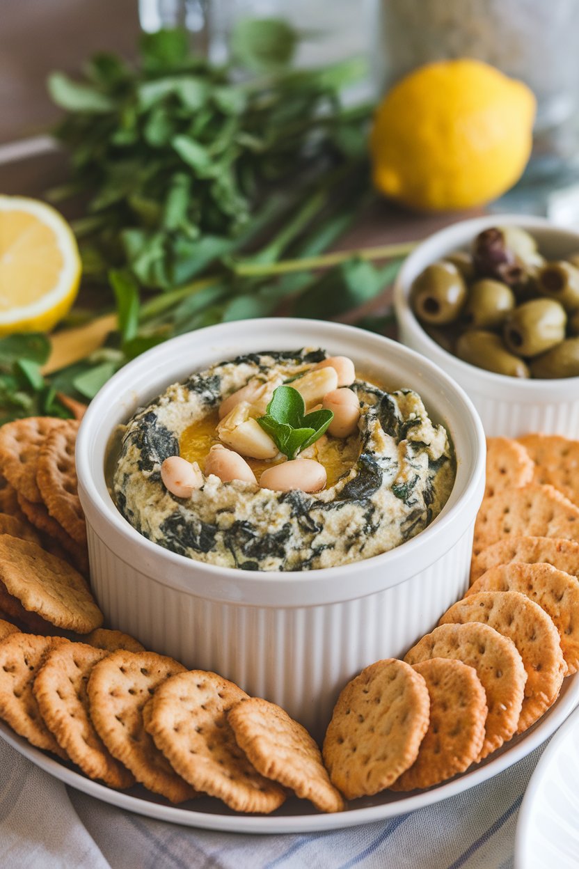 Indoor appetizer spread with a ramekin of warm spinach artichoke white bean dip surrounded by whole-grain crackers. No text or logos visible.