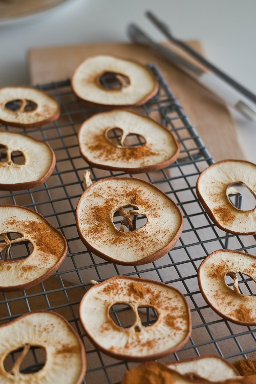Photo of thin dried apple slices sprinkled with cinnamon, arranged indoors on a wire rack. No logos or text present.