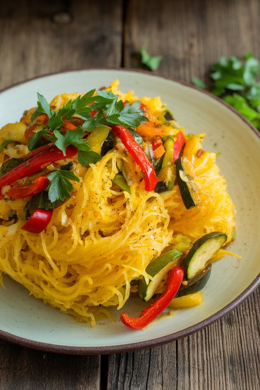 Indoor plate of roasted spaghetti squash strands tossed with mixed sautéed vegetables and herbs. No text or logos; photo.