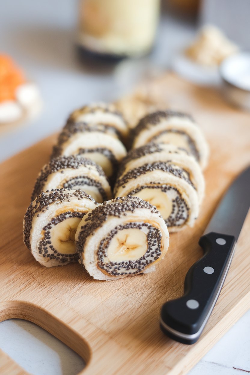 An indoor cutting board with banana pieces rolled in cashew butter and chia seeds, sliced like sushi, photo, no logos.