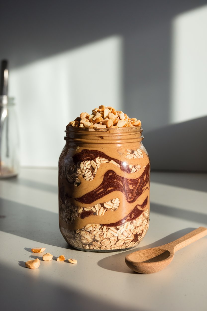 Indoor kitchen scene featuring a jar of dark cocoa oats swirled with ribbons of natural peanut butter, topped with crushed roasted peanuts. No text or logos. Photo only.
