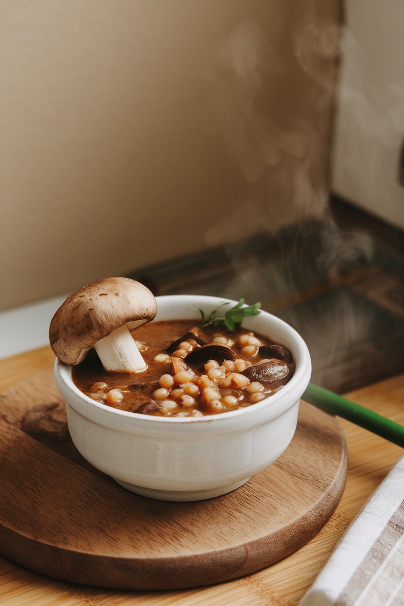 Indoor soup bowl filled with mushroom and pearled barley stew, steam drifting upward. No branding, no text. Photo.