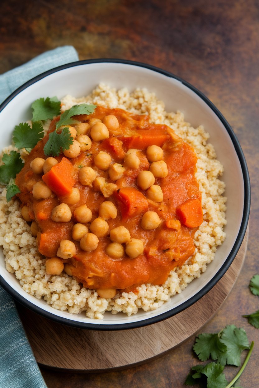 Indoor bowl of vibrant orange chickpea stew with carrots and apricots, served over couscous. No text or logos.