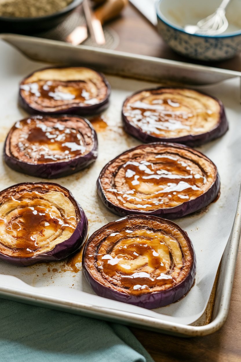 An indoor baking sheet with sliced cooked eggplant rounds brushed in glossy miso ginger glaze. No text or logos.