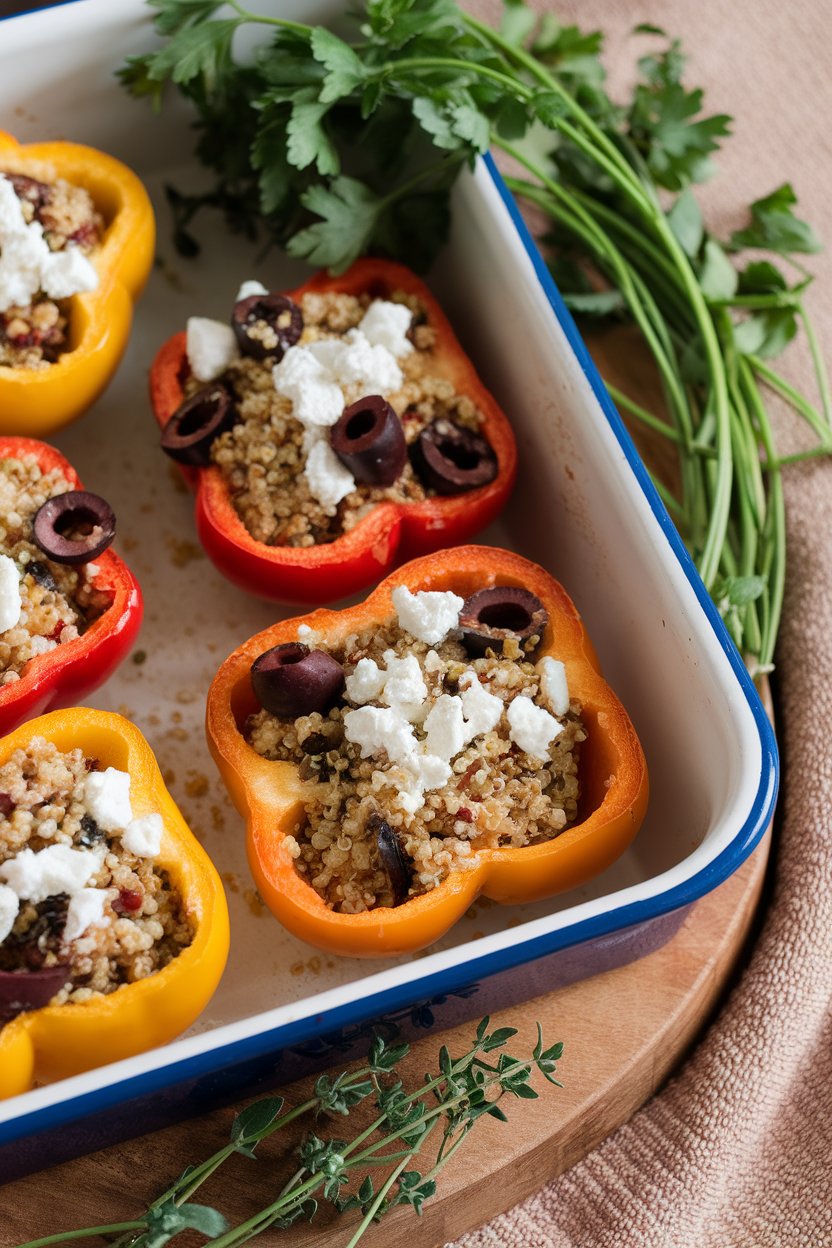 Indoor photo of halved bell peppers filled with quinoa, olives, and crumbled feta in a baking dish, lightly browned. No text or logos.