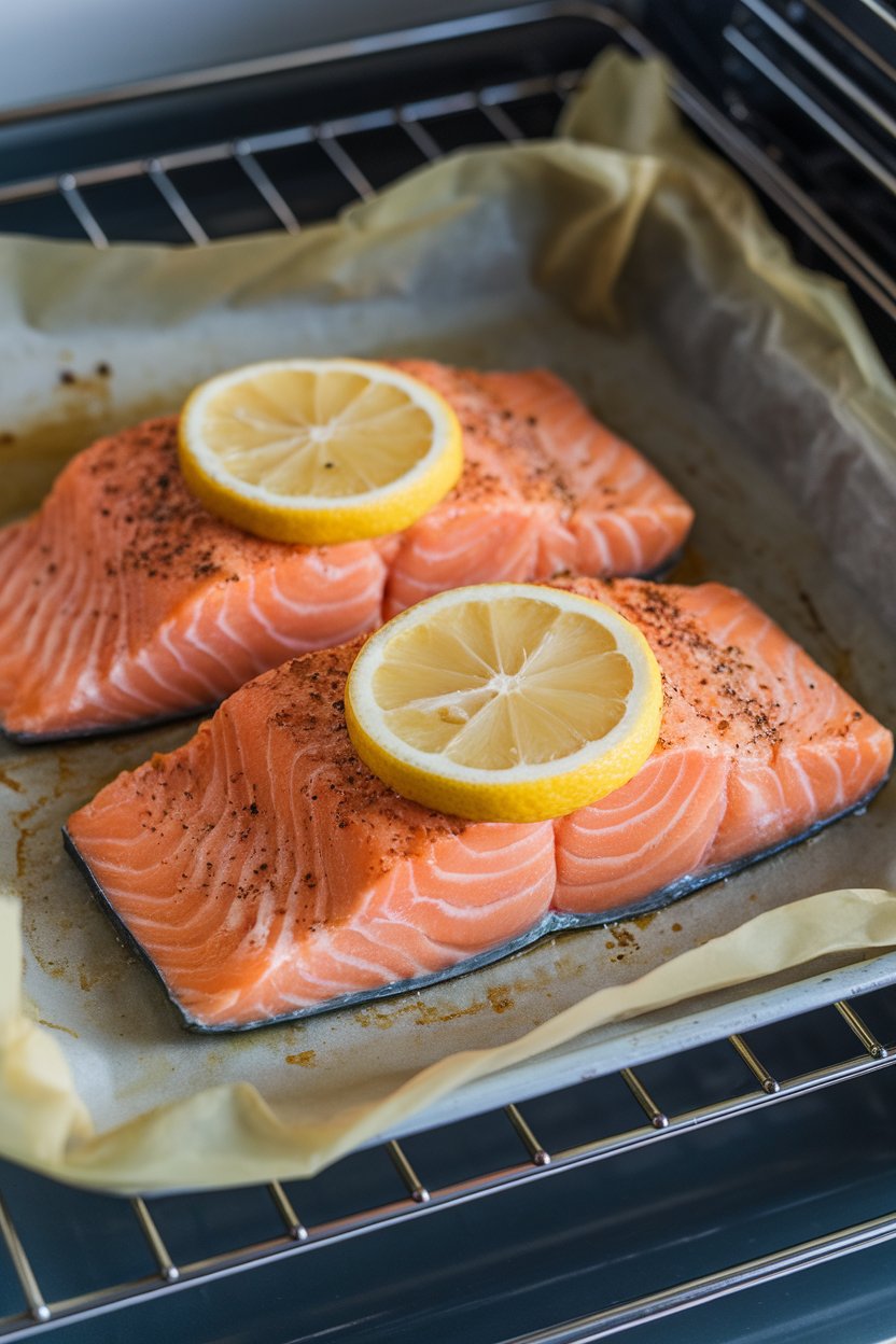 An indoor oven rack view of salmon fillets on parchment paper with lemon slices, no text or logos, photo only