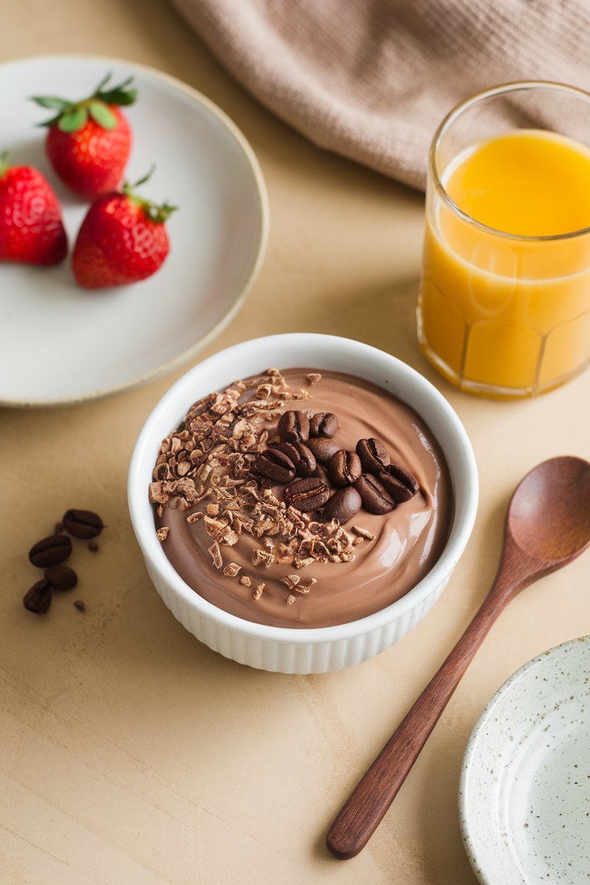 Indoor breakfast setting with a bowl of chocolate-colored Greek yogurt topped with cacao nibs and coffee beans for garnish. No text or logos.