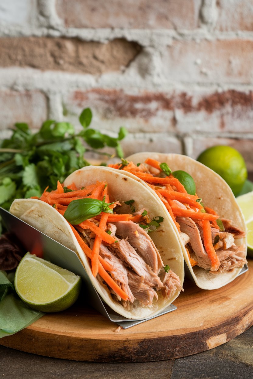 Photo indoor scene of tacos packed with basil-infused turkey, shredded carrots, and lime wedges. No text or logos.