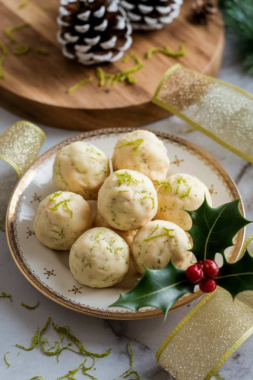 Lime-speckled snowball cookies with macadamia bits on a festive indoor plate, lime zest scattered around. No logos.