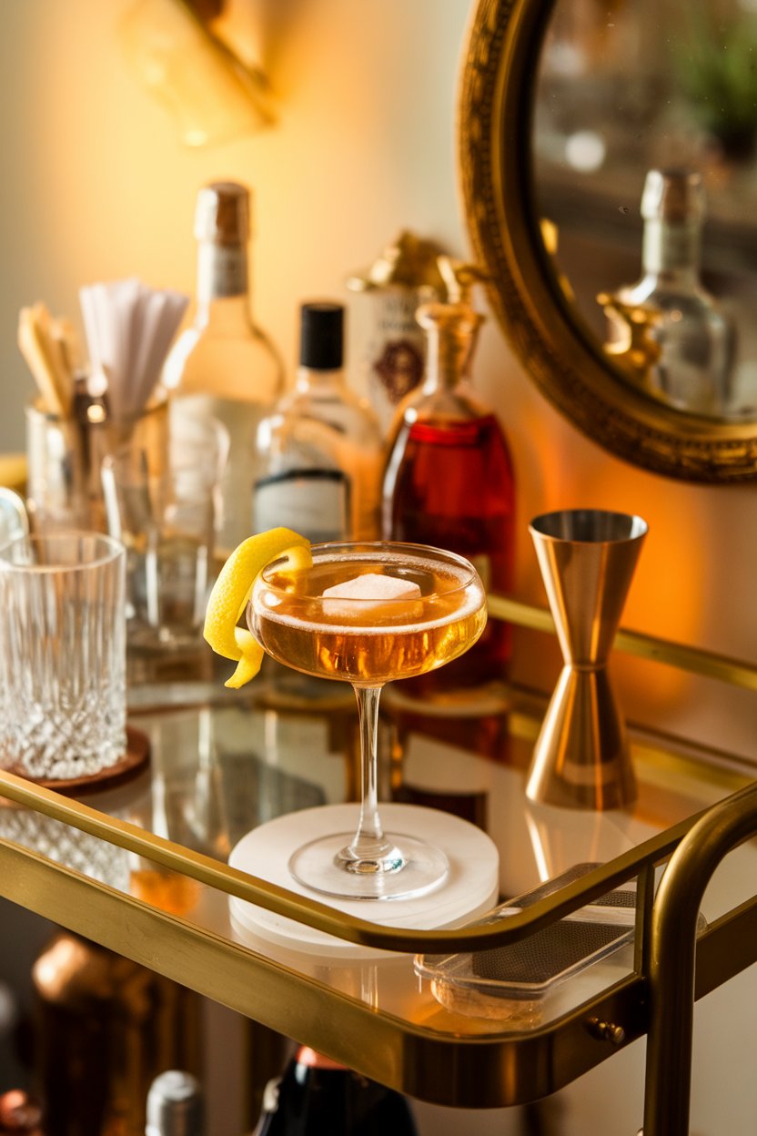 A warmly lit indoor bar cart featuring a coupe glass filled with golden champagne, a soaked sugar cube lazily fizzing at the bottom and a twist of lemon resting on the rim. No text or logos.