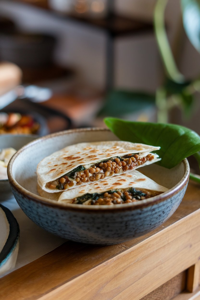 Indoor bowl beside quesadilla, lentil and spinach filling visible in sliced wedge, photo, no text or logos.