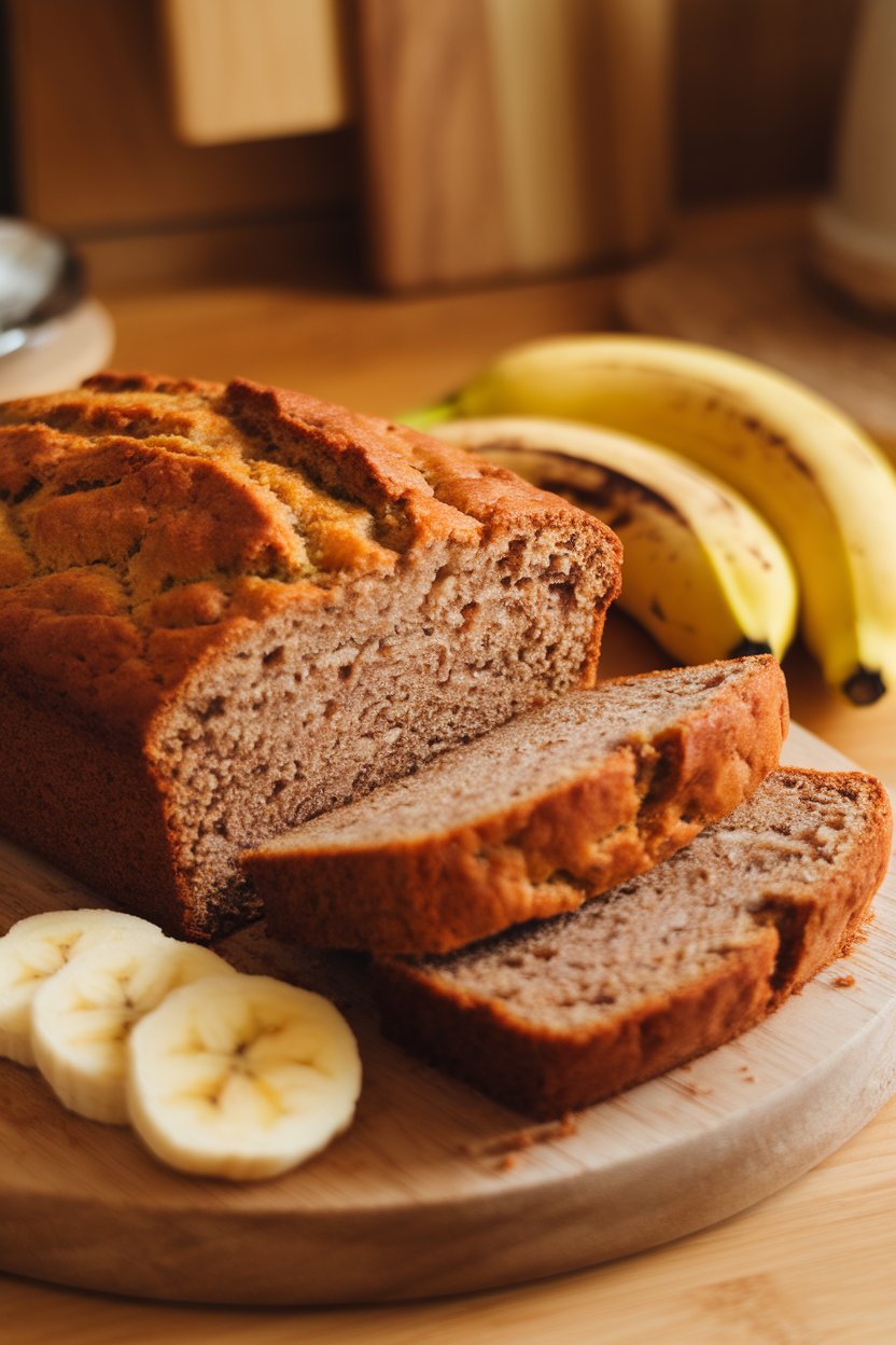 Indoor photo of a sliced loaf of moist banana bread on a wooden board; warm kitchen light, no text or logos