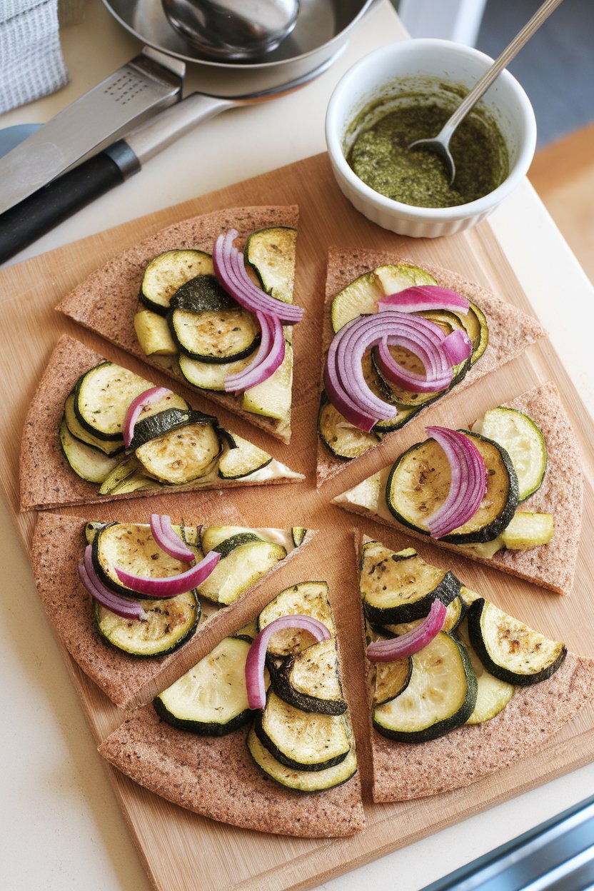 A cutting board in an indoor kitchen featuring sliced whole-grain flatbread topped with roasted zucchini, red onion, and basil pesto. No text or logos visible. Photo only.