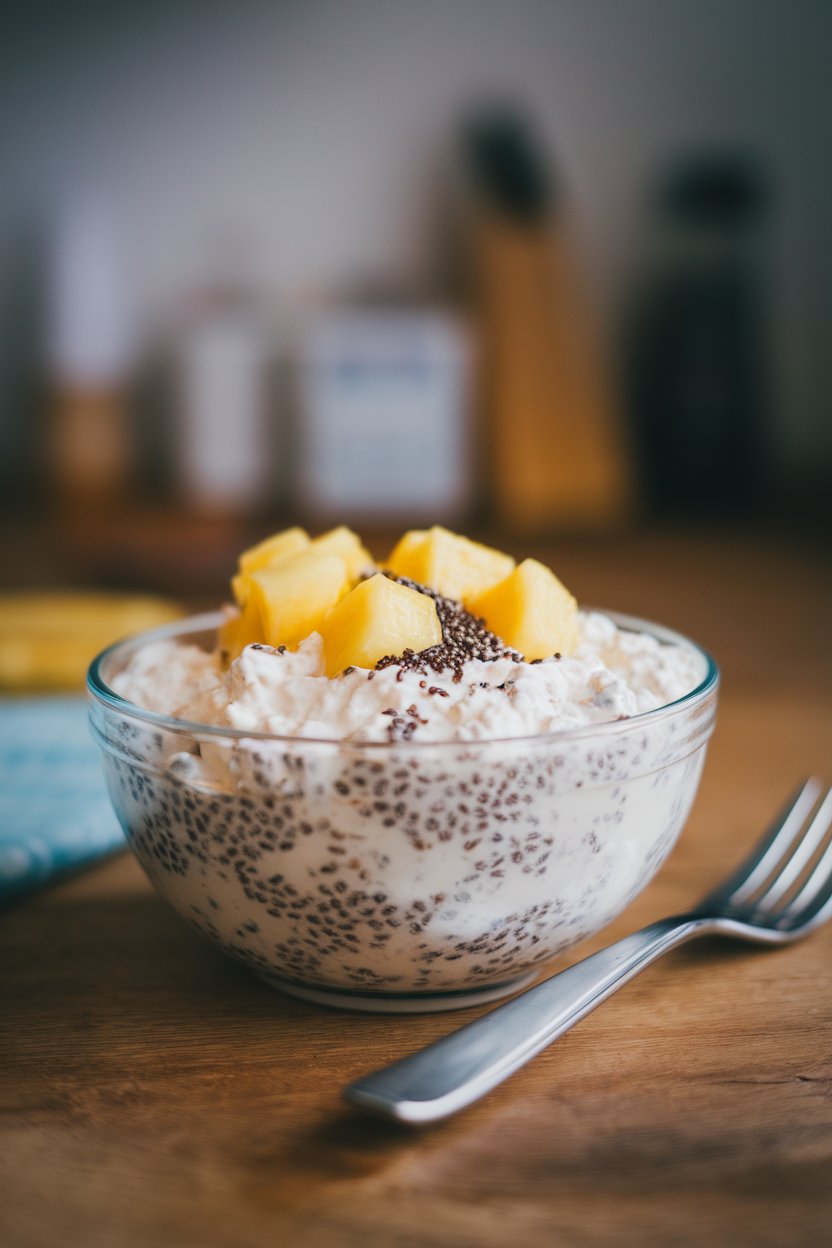 A small indoor bowl of cottage cheese topped with pineapple chunks and chia seeds, photographed under natural light, no text or logos.