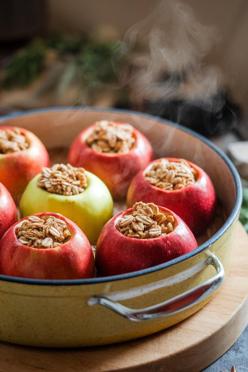 Indoor baking dish with cored apples stuffed with oats and cinnamon, juices bubbling. No text or logos; photo.