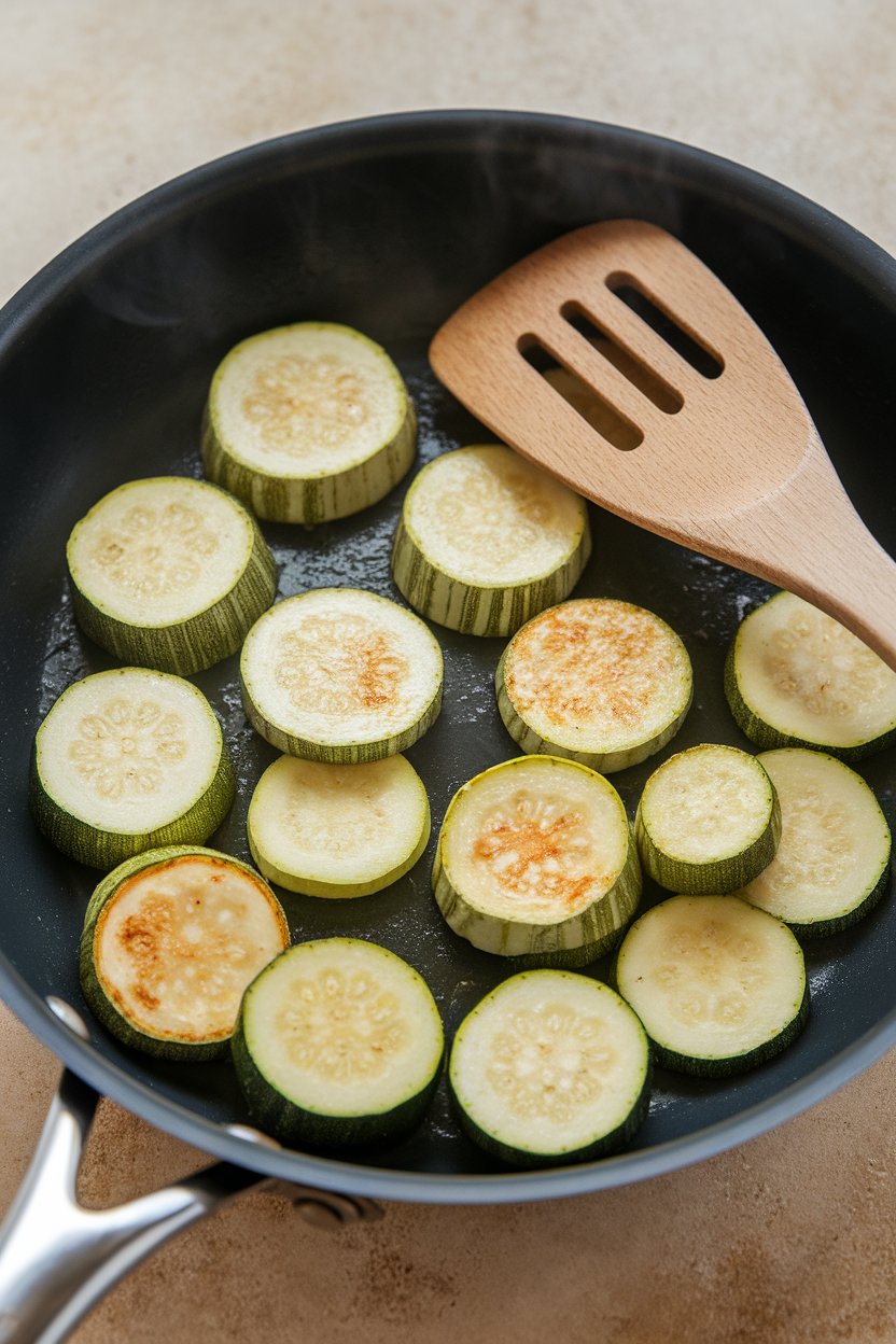 Indoor sauté pan with sliced zucchini rounds lightly browned, wooden spatula resting on the edge. No logos or text. Photo only.
