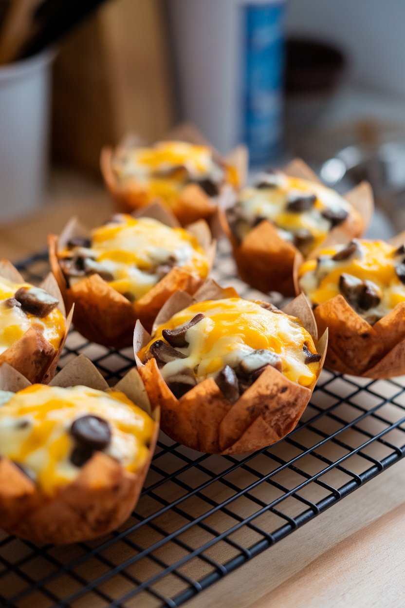 Six baked egg muffins filled with diced mushrooms and melted Swiss cheese cooling on an indoor wire rack. Photo only, no logos or text.