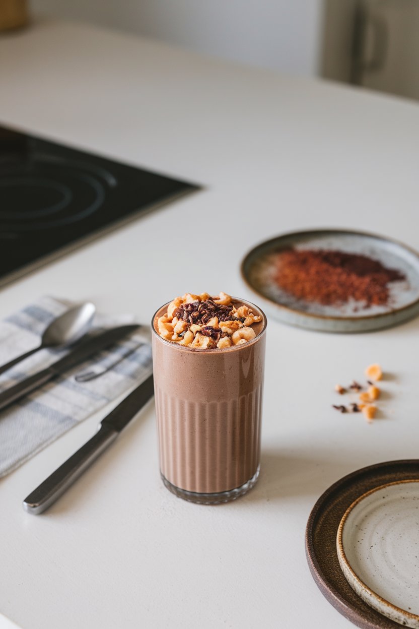 Indoor kitchen counter with a tall glass of creamy chocolate smoothie topped with crushed peanuts and cacao nibs. Photo, no text or logos visible.