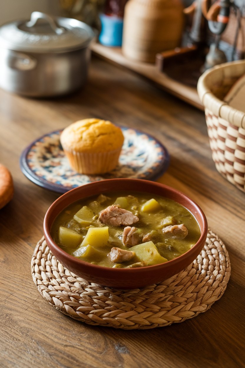 Indoor Southwestern kitchen table with a bowl of green chile stew, chunks of pork and potatoes in green broth. No text or logos. Photo.