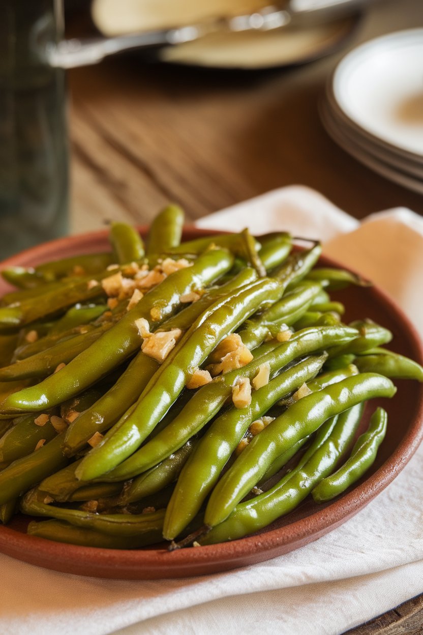Photo of bright green beans glistening with olive oil and garlic, served on a ceramic platter indoors. No logos or text present.