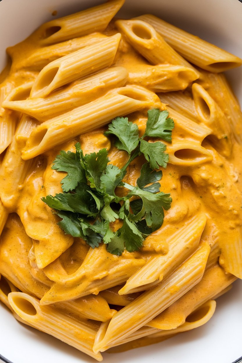 Indoor photo of penne coated in creamy orange pumpkin curry sauce, cilantro sprinkled on top. No text or logos.